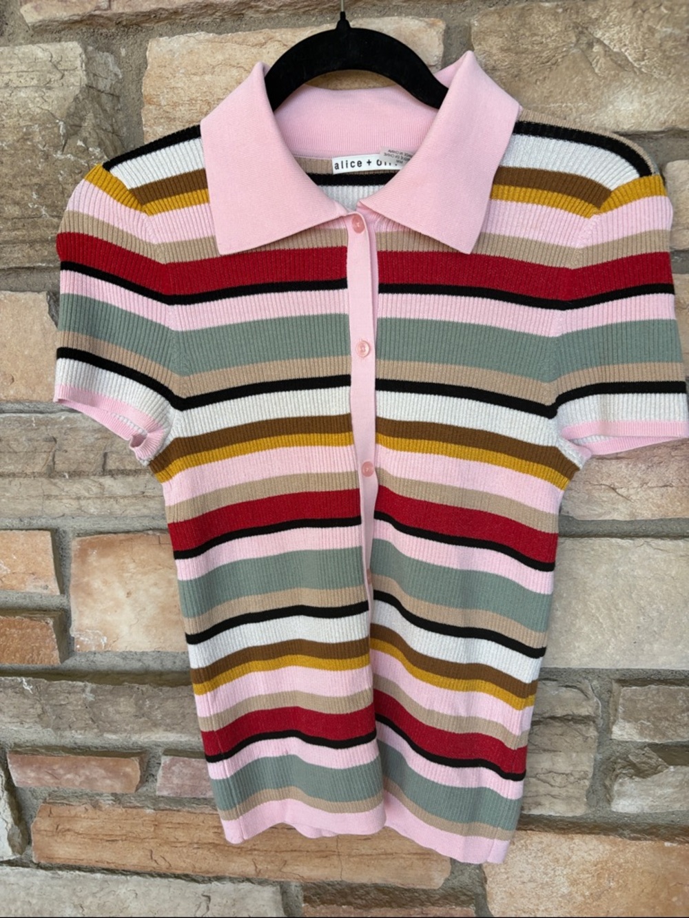 Alice + Olivia Pink-Collar Multistripe Knit Polo